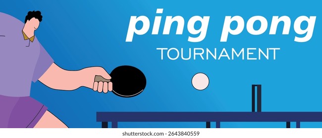 Table tennis training, sports club, hobby, activity. Sports school poster, ping pong tournament, man with racket playing at table tennis, healthy lifestyle