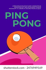 Afiche de la tendencia del tenis de mesa. Ilustración multicolor de una raqueta de tenis sobre un fondo de mesa de juego. Diseño plano concepto de Vector de ping pong. Plantilla de diseño brillante para su uso en decoración e impresión.