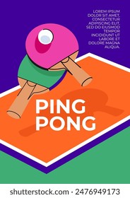 Table tennis trend poster. Multicolored illustration of a tennis racket on a gambling table background. Flat design vector concept of ping pong. Bright design template for use in decor and printing.