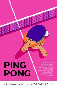 Table tennis trend poster. Multicolored illustration of a tennis racket on a gambling table background. Flat design vector concept of ping pong. Bright design template for use in decor and printing.