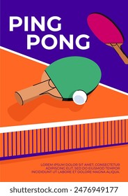 Afiche de la tendencia del tenis de mesa. Ilustración multicolor de una raqueta de tenis sobre un fondo de mesa de juego. Diseño plano concepto de Vector de ping pong. Plantilla de diseño brillante para su uso en decoración e impresión.