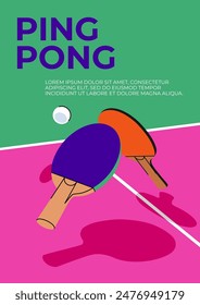 Table tennis trend poster. Multicolored illustration of a tennis racket on a gambling table background. Flat design vector concept of ping pong. Bright design template for use in decor and printing.