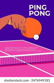 Table tennis trend poster. Multicolored illustration of a tennis racket on a gambling table background. Flat design vector concept of ping pong. Bright design template for use in decor and printing.