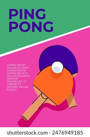 Afiche de la tendencia del tenis de mesa. Ilustración multicolor de una raqueta de tenis sobre un fondo de mesa de juego. Diseño plano concepto de Vector de ping pong. Plantilla de diseño brillante para su uso en decoración e impresión.