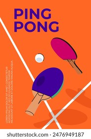 Table tennis trend poster. Multicolored illustration of a tennis racket on a gambling table background. Flat design vector concept of ping pong. Bright design template for use in decor and printing.