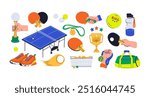 Table tennis vector bundle. Vibrant collection is perfect for sports-themed projects. It features all the essentials: rackets, balls, tables, trophies, sport bags, water bottles, cups, medals.