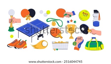 Table tennis vector bundle. Vibrant collection is perfect for sports-themed projects. It features all the essentials: rackets, balls, tables, trophies, sport bags, water bottles, cups, medals.