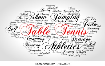 Table tennis. Word cloud, italic red font, grey gradient background. Summer sports.