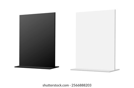 Table Tent, Black, White Mockups, Side View, Isolated On White Background. Vector Illustration
