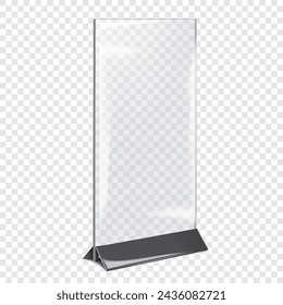 Table tent. Clear countertop pop banner stand. Realistic mockup. Desktop promo graphic holder vector mock-up. Blank transparent counter display template