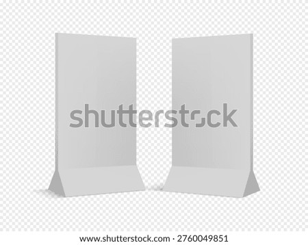 Table tent display, promotional stand for showcasing product or designs. White blank boards offer visual preview for marketing presentations.