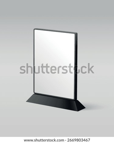 Table tent mockup. Plastic and acrylic table talker, promotional upright menu table tent sign holder, table menu card display stand picture frame for mock up and template design. Desktop advertising
