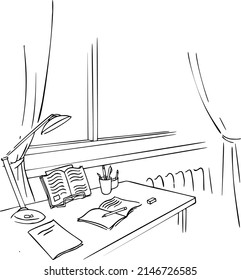 tabla, libros de texto, lámpara, ventana, dibujo a mano. Arte de ilustración de vector negro