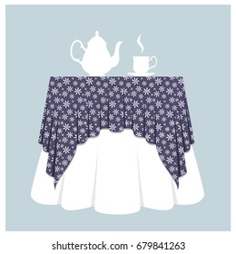 Table time of tea with a blue tablecloth, a teapot and a cup.Flat design, vector illustration