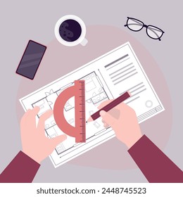 Table with tools for blueprint drawing. architect draws a plan for a new building. Top view. Workplace - Construction project architect house plan with tools. flat vector illustration
