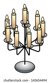 A table top candelabra with 10 lit candles.