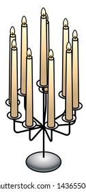 A table top candelabra with 10 tall tapered lit candles.