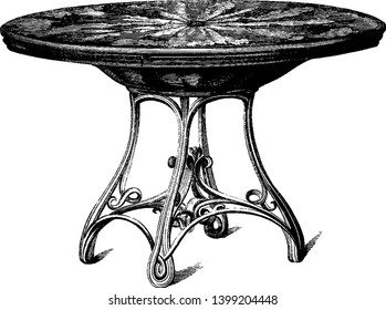 Table Top and Table is elaborately designed with inlaid wood of different colors, vintage line drawing or engraving illustration.