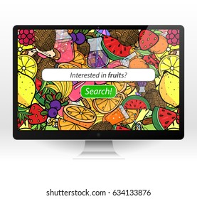 Table Top Monitor Summer Fruit Juice Smoothie Food Doodles Icons and Symbols Background Vector Art Illustration