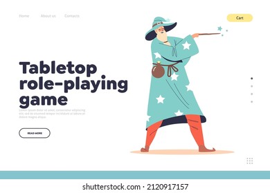 Table top role playing game concept of landing page with old wizard sorcerer with magic wand wearing magician robe and bottle with potion tell spell. Cartoon flat vector illustration