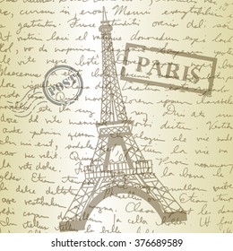 table top with sketching paper  on hand-drawn writing background with  eiffel tower