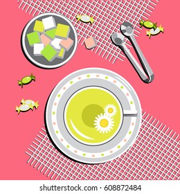 Table top view.Tea with chamomile, sweets on the table. Vector illustration