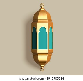 Table top view illustration of fanoos, fanous and Arabic lantern. 3d Islamic holiday decoration isolated on green background.