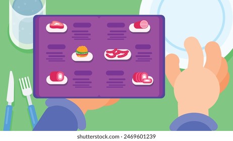 Table top view of ordering food in restaurant or cafe. flat style vector illustration
