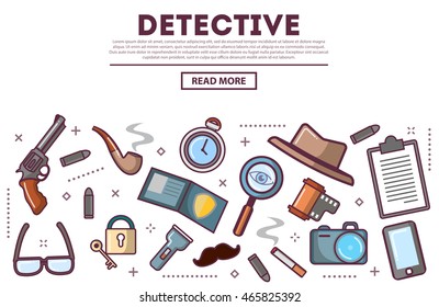 Table Top View With Private Detective Tools , Icons Set, Vector Illustration. Revolver, Bullets, Gun, Police Badge, Mobile Phone, Tobacco Pipe, Magnifying Glass, Investigation Concept