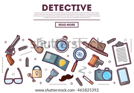 Table top view with private detective tools , icons set, vector illustration. Revolver, bullets, gun, police badge, mobile phone, tobacco pipe, magnifying glass, Investigation Concept