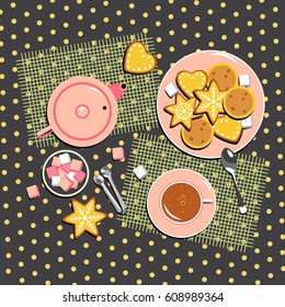 Table top view. Teapot, cup of tea, sweets and cookies on the table. Vector illustration