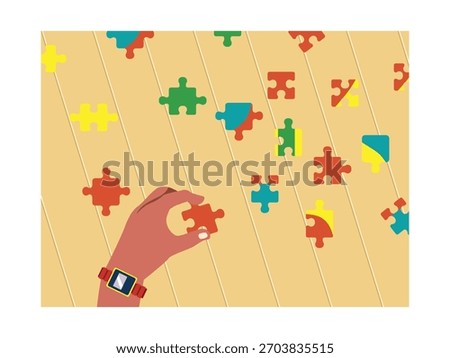 Table top view trying to put together a puzzle, a brain teasing game. Character design. Vector flat illustration