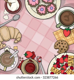 Table top viewed from the top, with tea, coffee cups, various dessert, sweet food items and berries, vector illustration