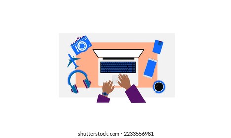 Table top view.Laptop with monitor, keyboard, documents, headphones, phone, clock, notebook, coffee, calculator.Flat design.