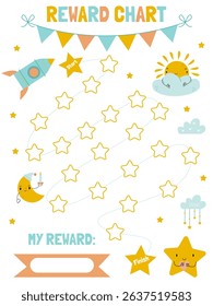 A table for tracking a child's progress in achieving a goal with cute children's elements, a rocket and stars