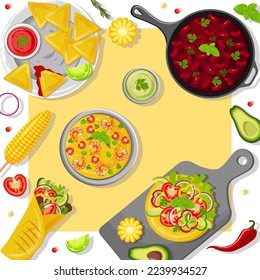 A table with traditional Latin American cuisine. Vector illustration. Image of a table with food. Development of menus, banners, advertising in cafes.