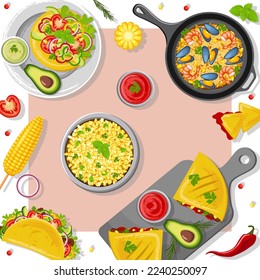 A table with traditional Latin American cuisine. Vector illustration. Image of a table with food. Development of menus, banners, advertising in cafes.