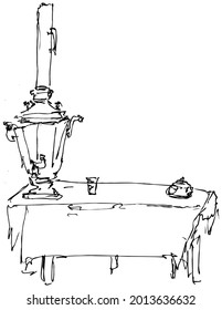 A table with traditional Russian tea at a picnic in the park, a samovar with a chimney, a glass and a teapot, Ivanchai - a stylized linear drawing with an ink pen