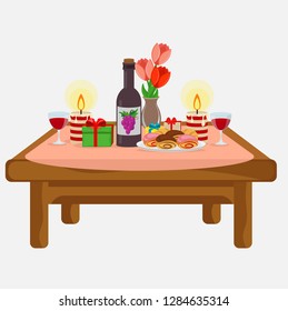 Table with treats, gifts and flowers for Valentine's day. Vector illustration, set.