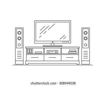 Table with TV and speakers. Modern furniture. Living room interior. Line flat design vector illustration.