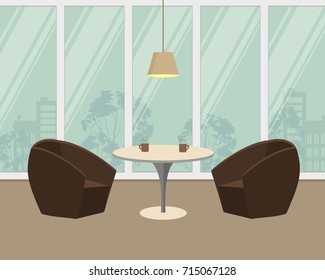 Table and two armchairs on a window background. There are also cups with a hot drink on the table and a lamp in the picture. Vector illustration.