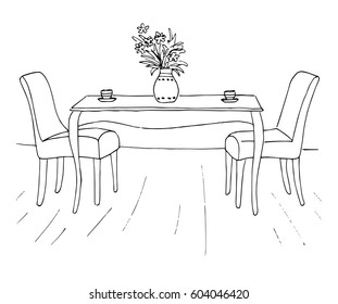 A table and two chairs. On the table are two cups and a vase of flowers. Vector illustration. Hand drawn.