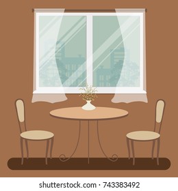 A table and two chairs on a window background. On the table there is a vase with decorative flowers. Vector illustration