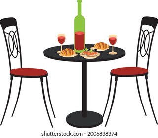 Table and two chairs in an outdoors restaurant terrace, served with vine and baked goods, EPS 8 vector illustration