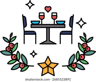 A table with two chairs and two wine glasses. The table is surrounded by a wreath of leaves