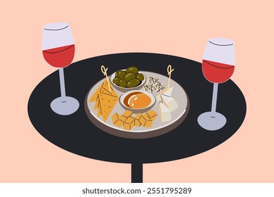 Table with two glasses of red wine and cheese plate. Isolated flat vector illustration.