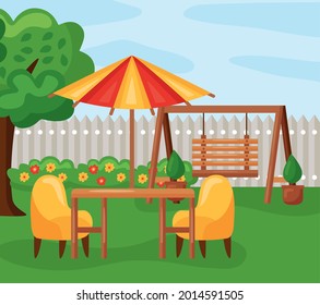table with umbrella chairs and swing on garden landscape