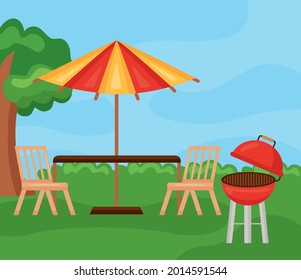 Tisch mit Regenschirm und Grill auf Gartenlandschaft