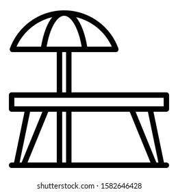 Table and umbrella icon. Outline table and umbrella vector icon for web design isolated on white background