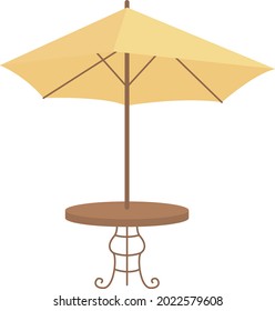 Table with umbrella semi flat color vector object. Full sized item on white. Garden furniture for barbecue and picnic isolated modern cartoon style illustration for graphic design and animation